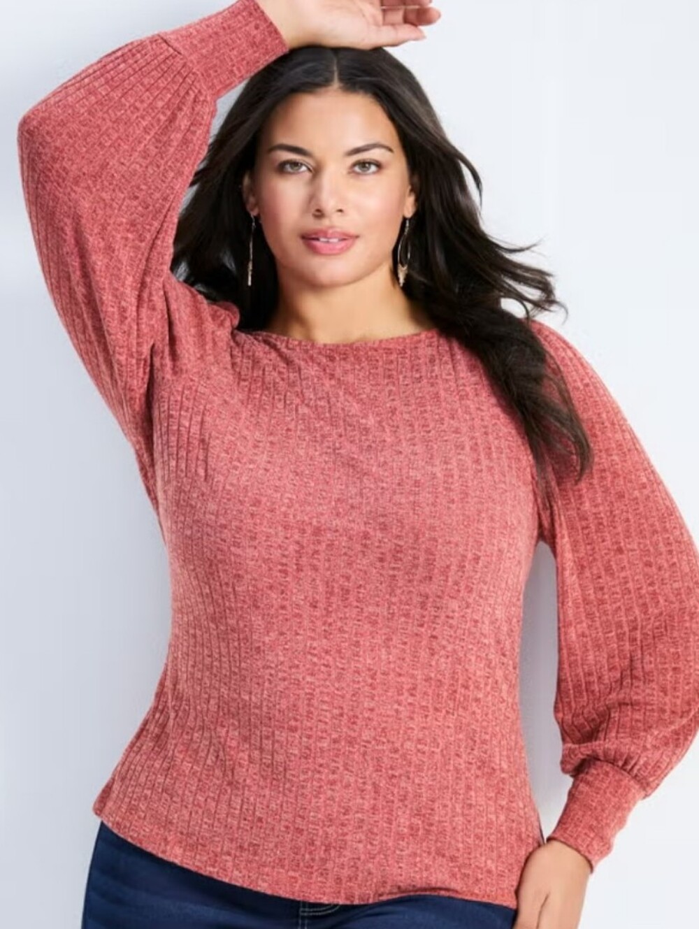 AVENUE Ribbed Balloon-Sleeve Sweater in Dusty Rose